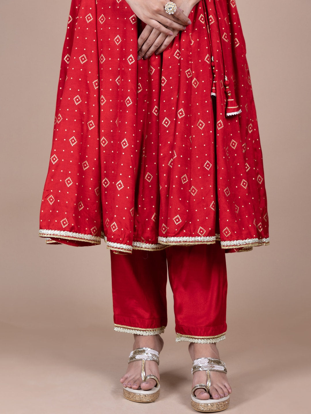 HERE&NOW Red & Beige Ethnic Motifs Printed Angrakha Gotta Patti Kurta with Trousers - Distacart