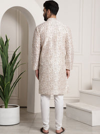 Thumbnail for Sojanya Men Cream-Coloured & Brown Silk Cotton Printed Regular Kurta with Churidar - Distacart