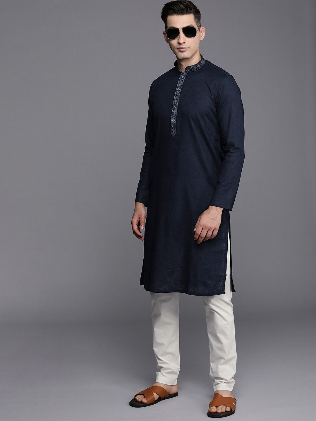 Manyavar Men Blue Solid Pure Cotton Kurta with Churidar - Distacart