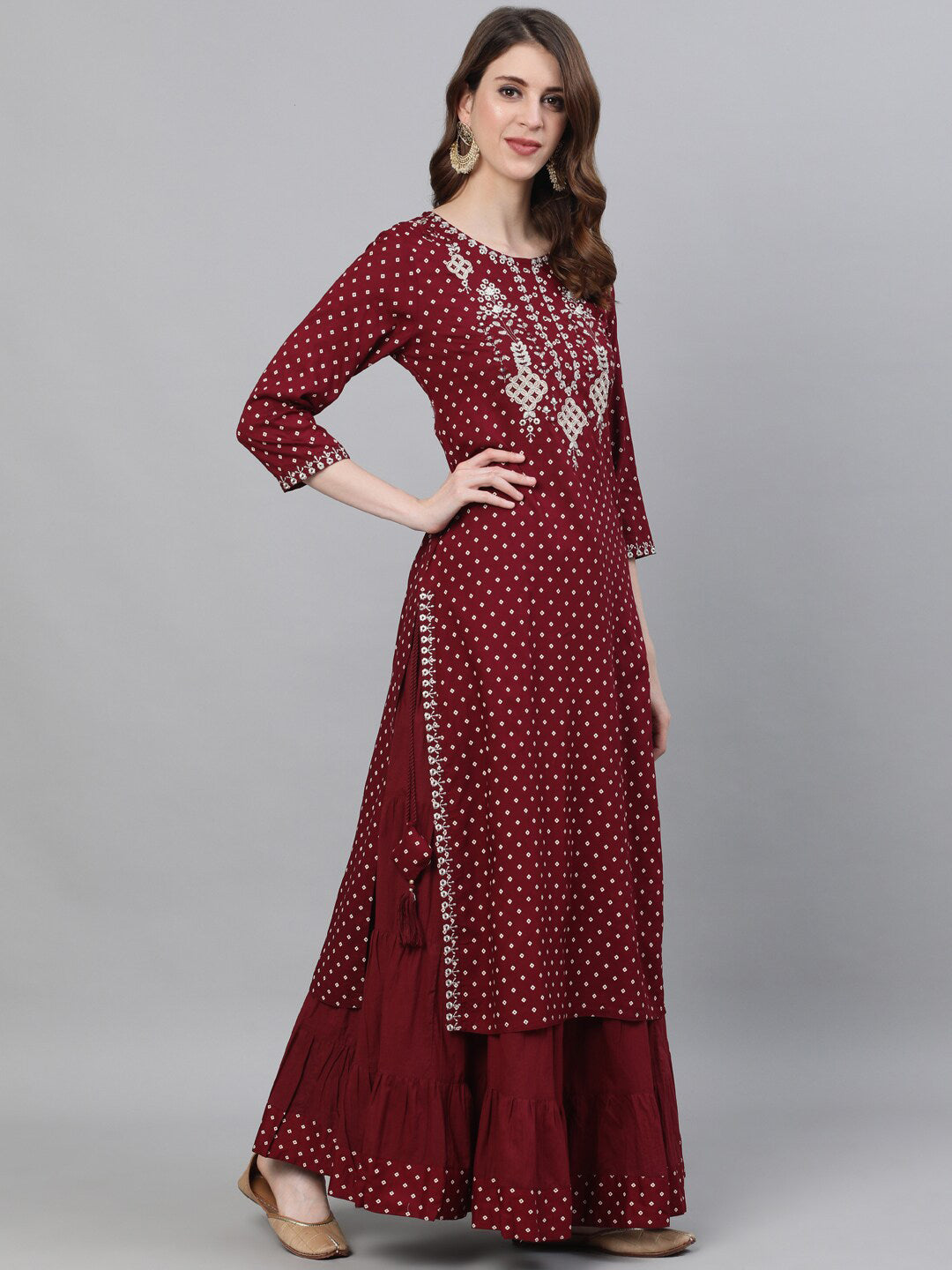 Ishin Women Maroon Yoke Embroidered Straight Kurta Skirt Dupatta Set - Distacart