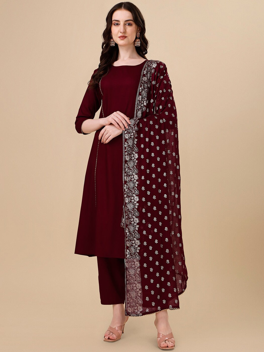 HERE&NOW Maroon & White Gotta Patti Kurta with Trousers & Dupatta - Distacart