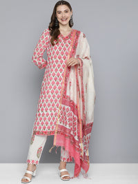 Thumbnail for HERE&NOW Women Floral Printed Regular Pure Cotton Kurta with Trousers & With Dupatta - Distacart