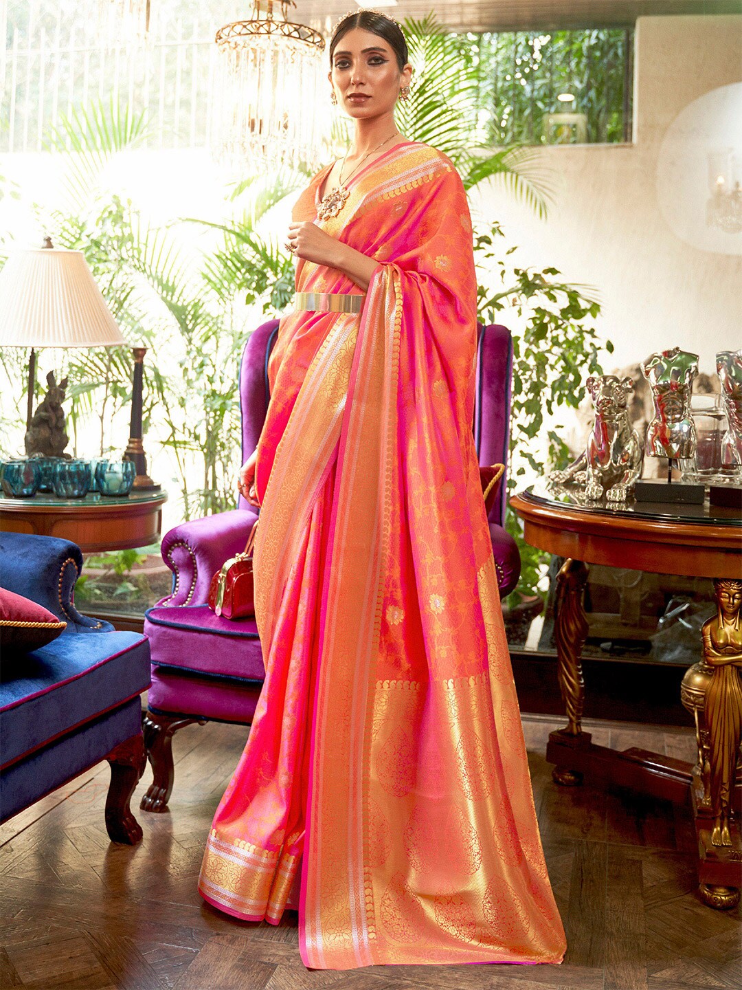 Mitera Peach-Coloured & Golden Floral Zari Silk Blend Banarasi Saree - Distacart