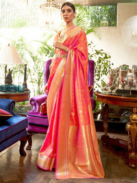 Thumbnail for Mitera Peach-Coloured & Golden Floral Zari Silk Blend Banarasi Saree - Distacart