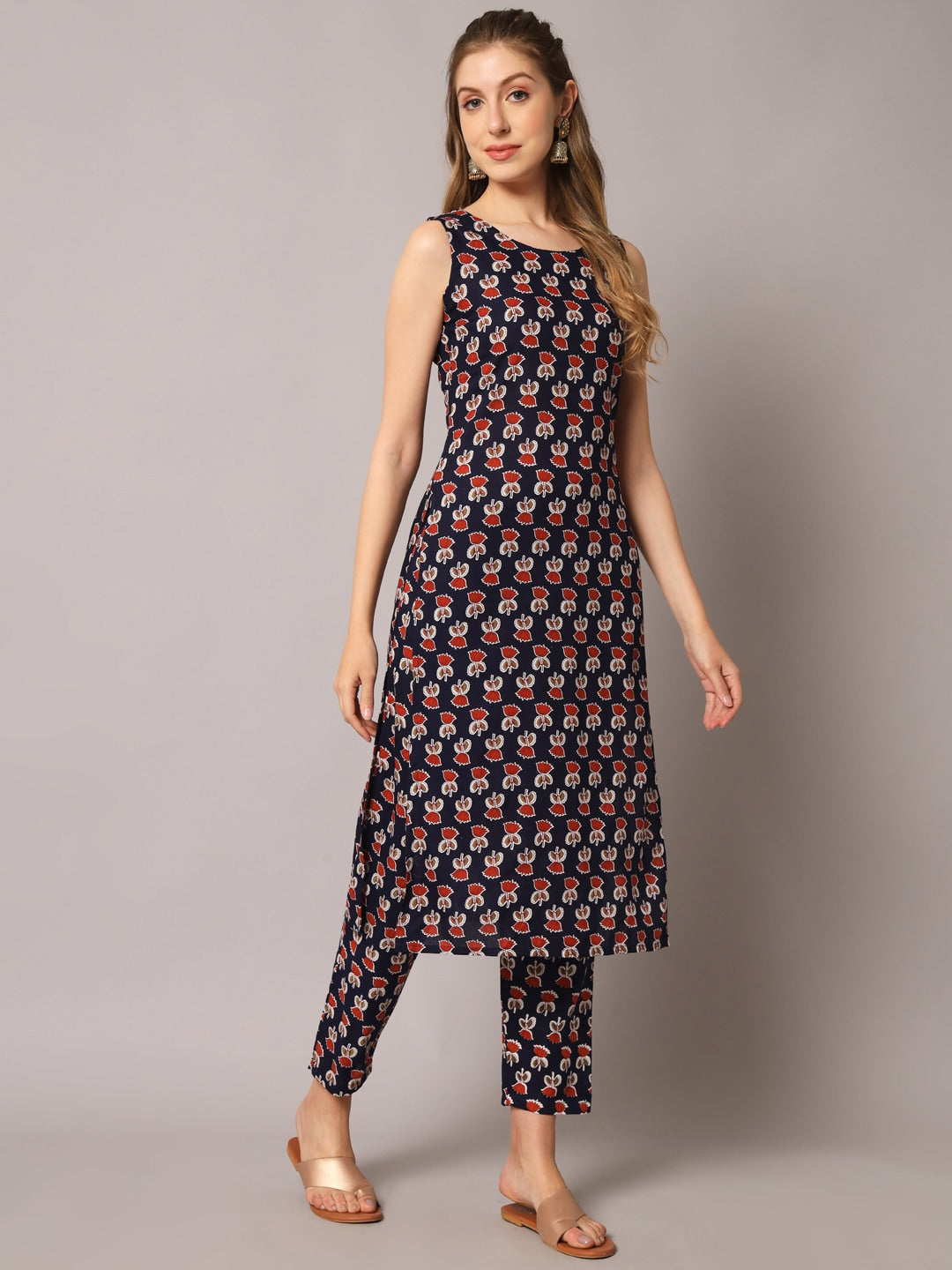 Kalini Floral Printed Round Neck Gotta Patti Straight Kurta With Trousers & Dupatta - Distacart