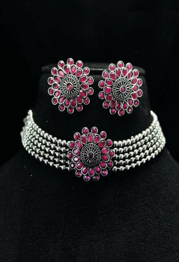 Mominos Fashion Johar Kamal Oxidised Silver-Plated Brass Finish Kundan Choker For Women (Pink) - Distacart