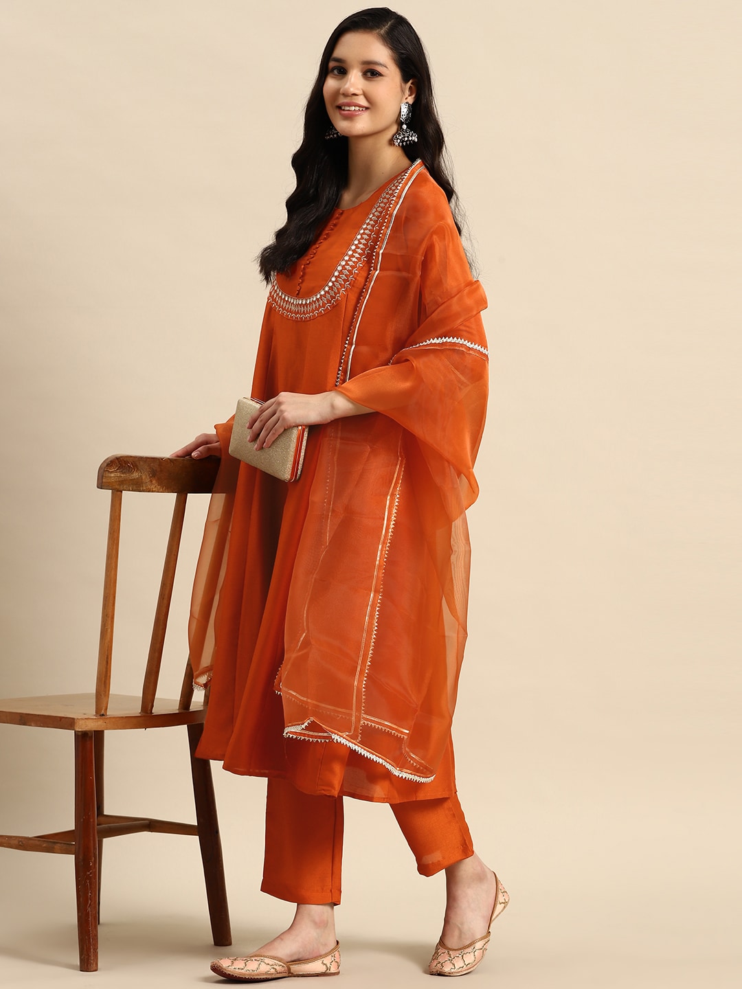 Sangria Ethnic Motifs Embroidered Mirror Work Silk Crepe Kurta with Trousers & Dupatta - Distacart