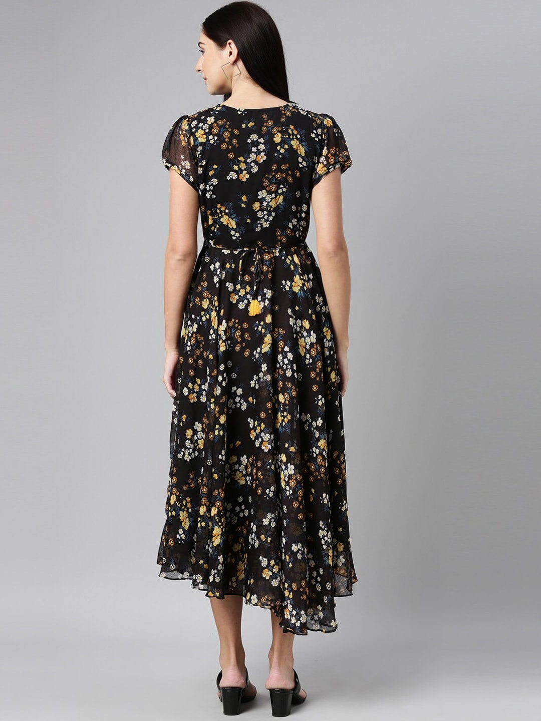 Souchii Black Floral Chiffon Maxi Dress - Distacart
