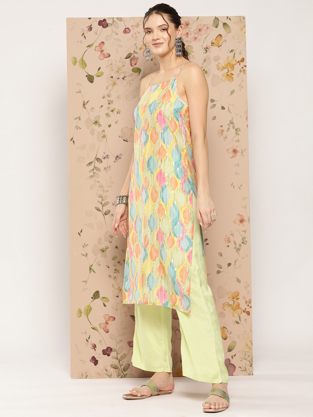 HERE&NOW Abstract Printed Straight Kurta with Solid Palazzos - Distacart