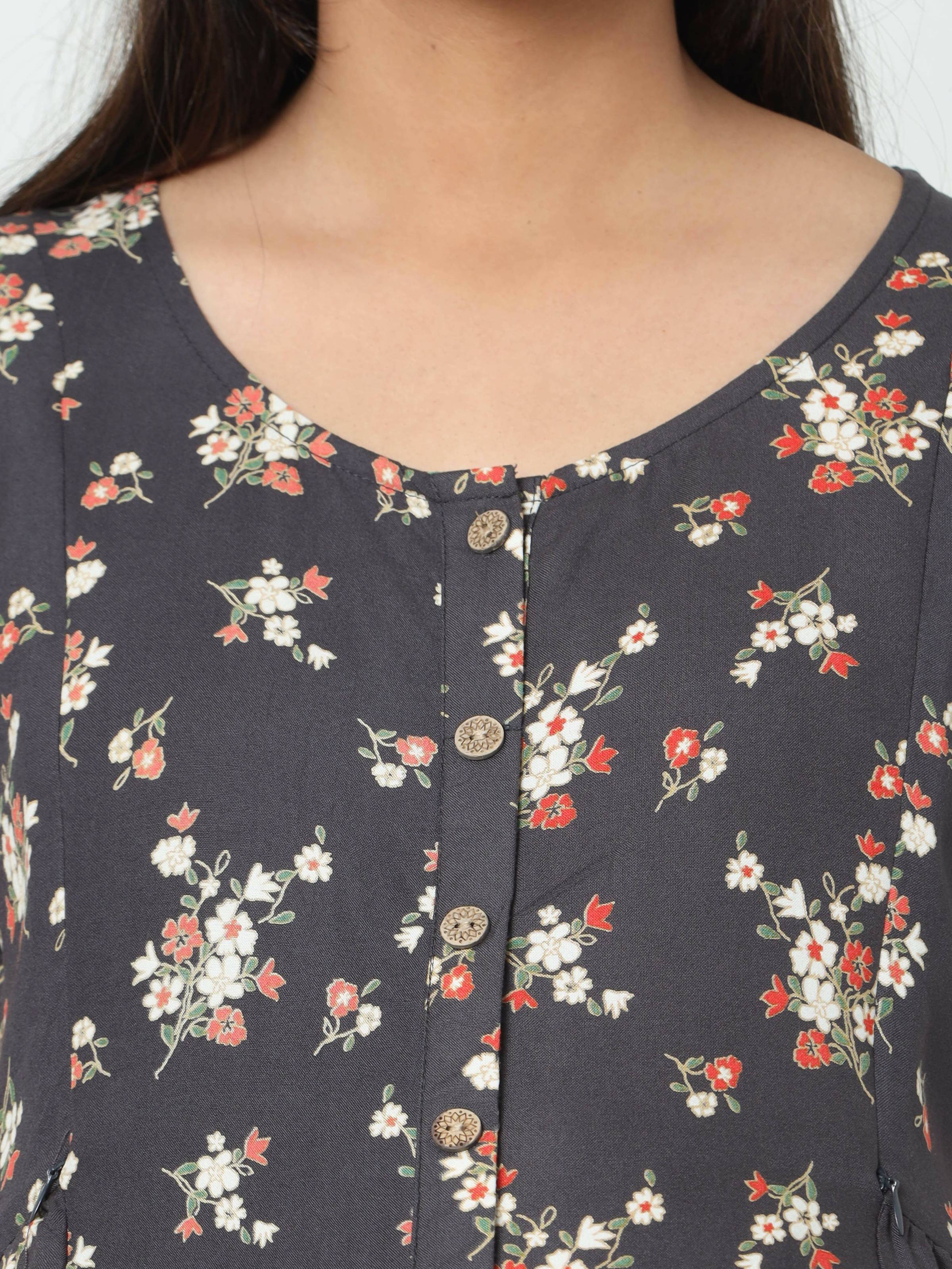 Manet Short Sleeves Maternity Dress Floral Print With Concealed Zipper Nursing Access - Navy Blue - Distacart