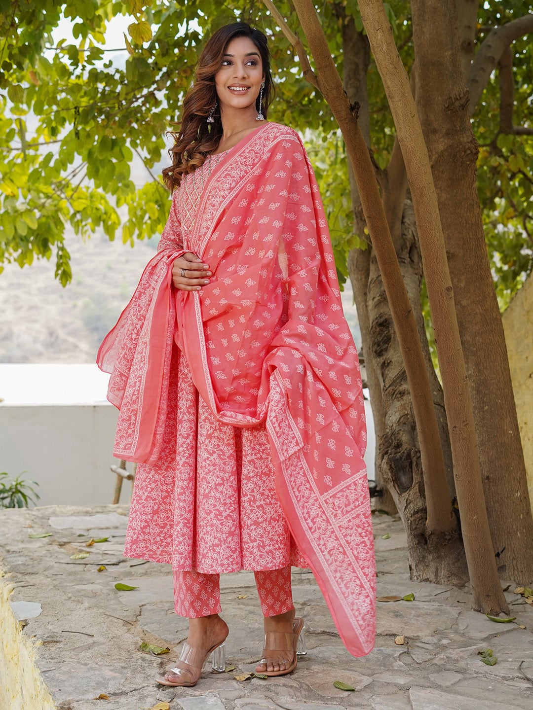 Kalini Ethnic Printed Gotta Patti Anarkali Pure Cotton Kurta with Trousers & Dupatta - Distacart