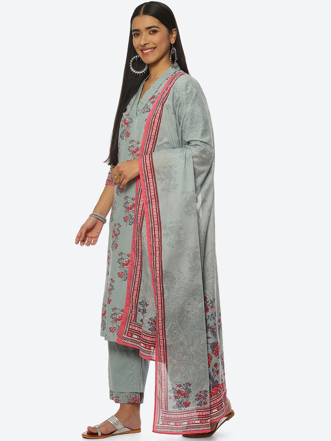 Biba Women Floral Printed V-Neck Kurta with Palazzos & Dupatta - Distacart