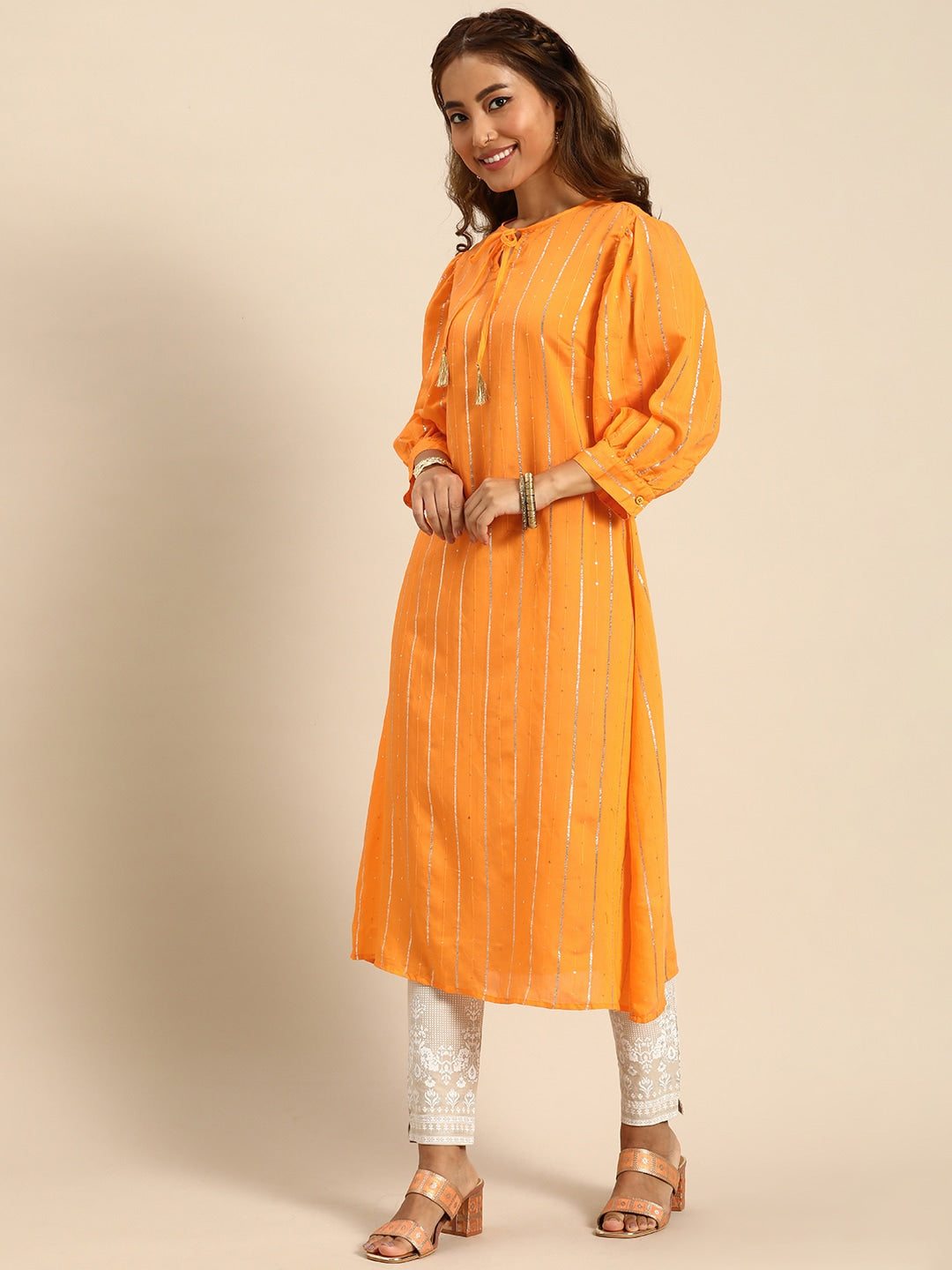 Sangria Women Jacquard Chanderi Silk Tie-Up Neck Puff Sleeves Kurta With Sequin Detail - Distacart