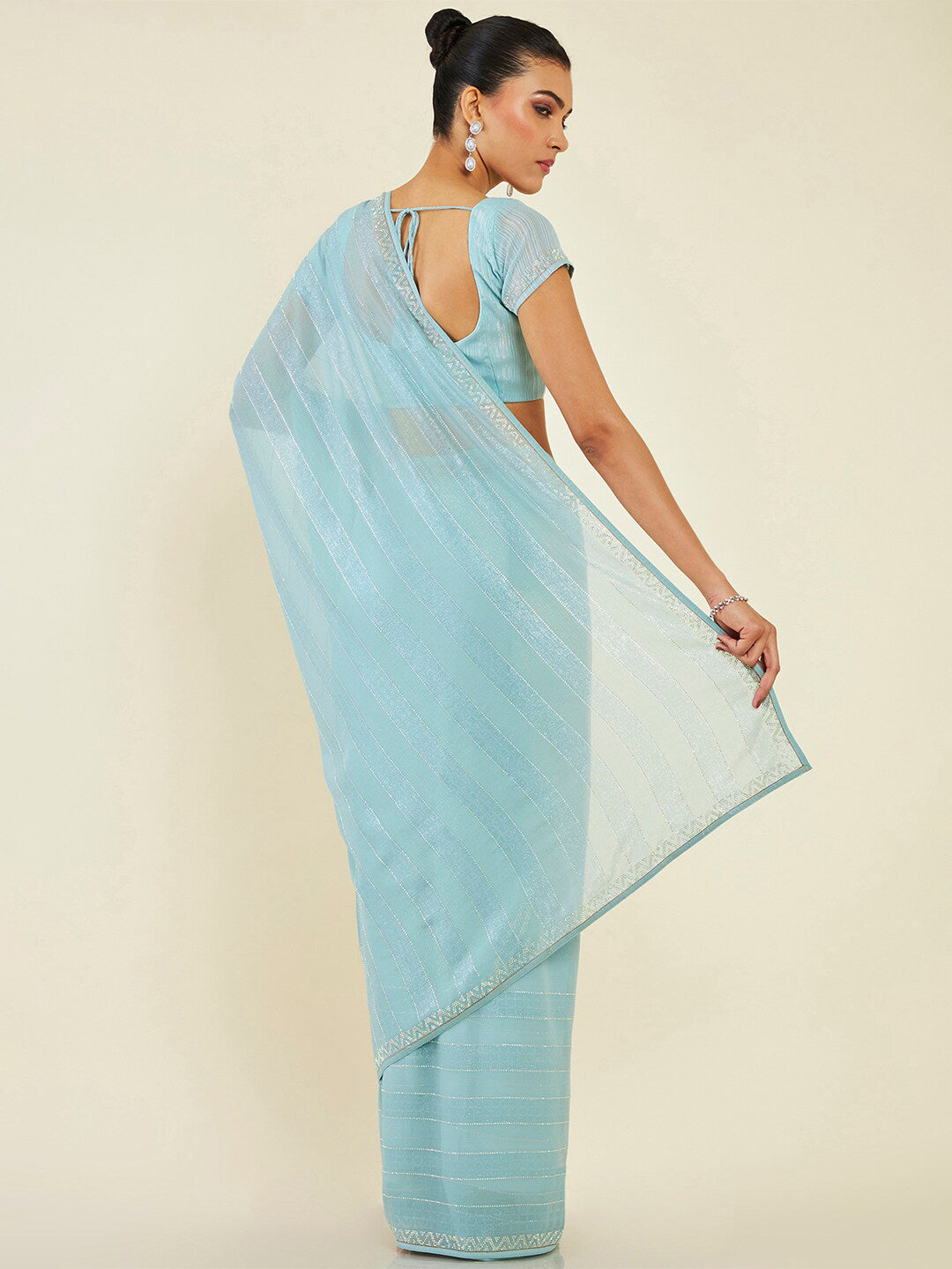 Soch Striped Embellished Pure Chiffon Saree - Distacart