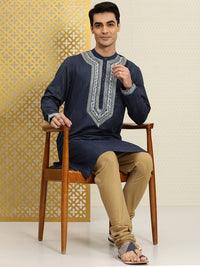 Thumbnail for House of Pataudi Men Navy Blue Embroidered Striped Pattern Jashn Kurta - Distacart
