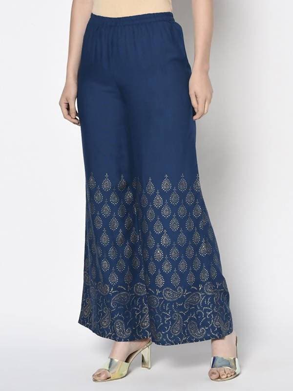 Aniyah Rayon Blue Color Gold Print Flared Slip-On Palazzo (AN-209K)