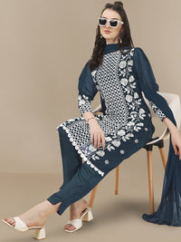 Thumbnail for HERE&NOW Floral Embroidered Chikankari Kurta with Trousers & Dupatta - Distacart