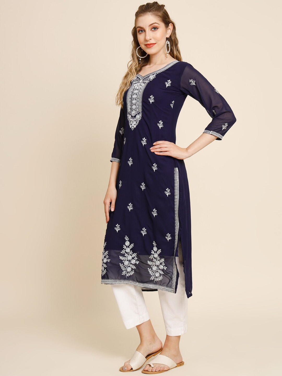 HERE&NOW Ethnic Motifs Embroidered Georgette Kurta - Distacart
