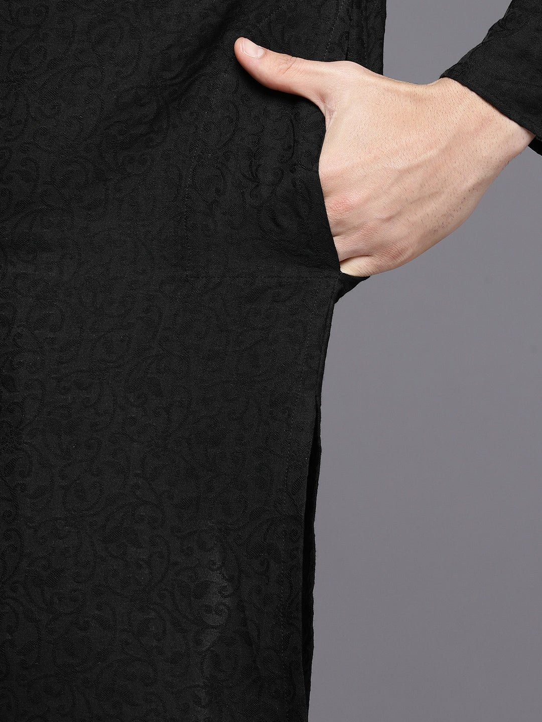 Manyavar Men Black Floral Woven Deisgn Sequinned Kurta with Churidar - Distacart