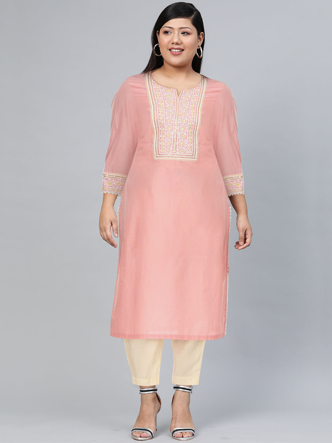Biba Floral Embroidered Cotton Kurta - Distacart