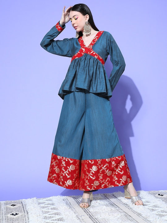 InWeave Women's Teal Red Brocade Mughal Shaan Kurta Palazzo Set - Distacart