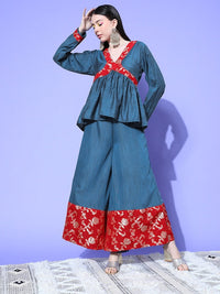 Thumbnail for InWeave Women's Teal Red Brocade Mughal Shaan Kurta Palazzo Set - Distacart
