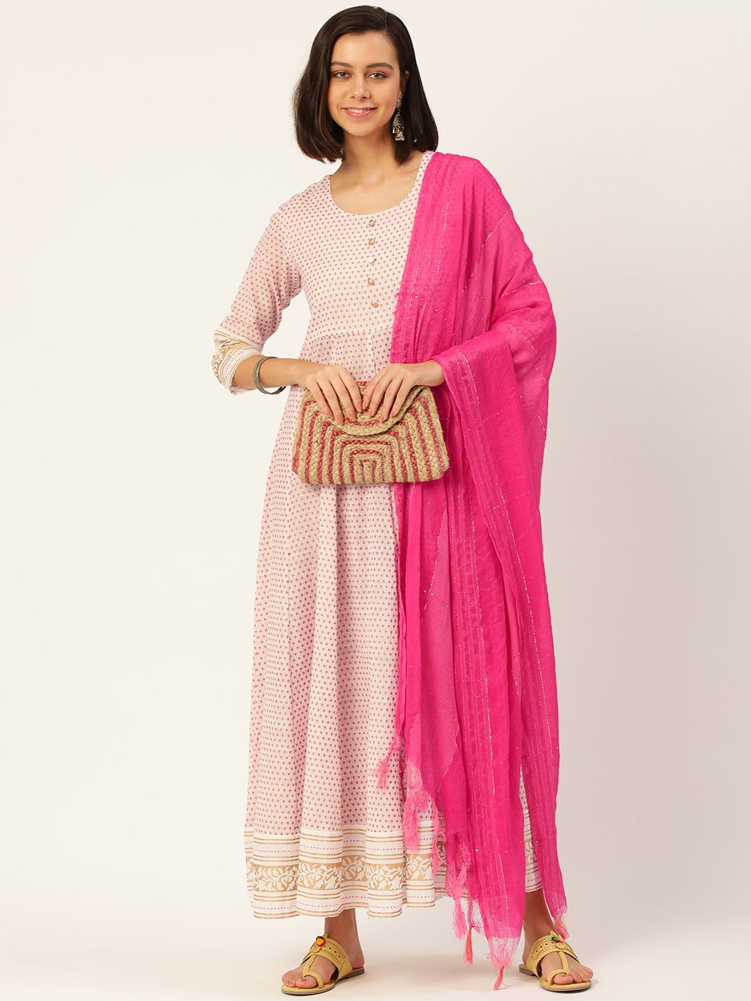 HERE&NOW Women White And Pink Polka Dot Print Cotton Anarkali Kurta With Dupatta - Distacart