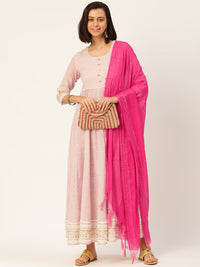 Thumbnail for HERE&NOW Women White And Pink Polka Dot Print Cotton Anarkali Kurta With Dupatta - Distacart
