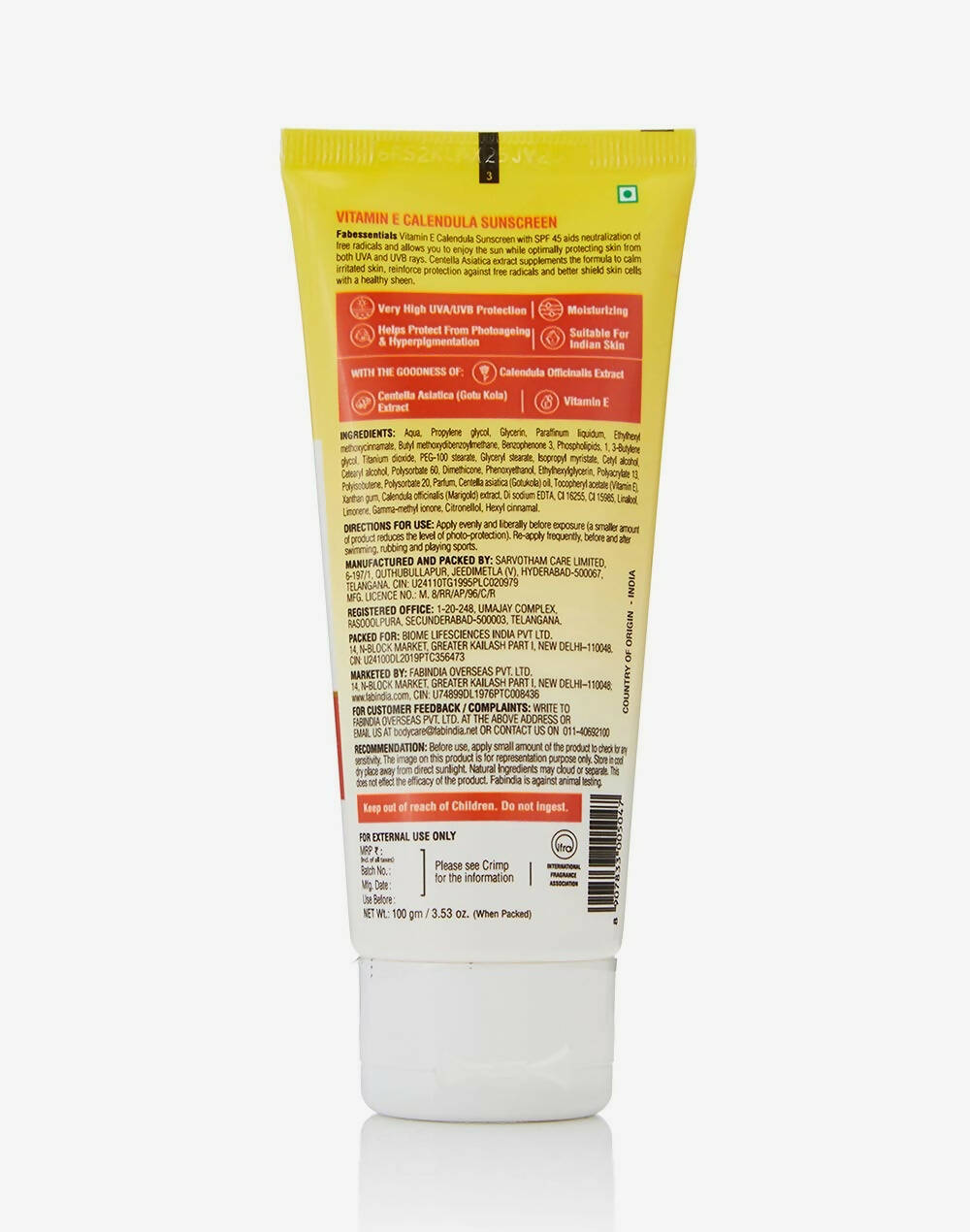 Fabessentials Vitamin E Calendula Sunscreen SPF 45 PA++++ - Distacart
