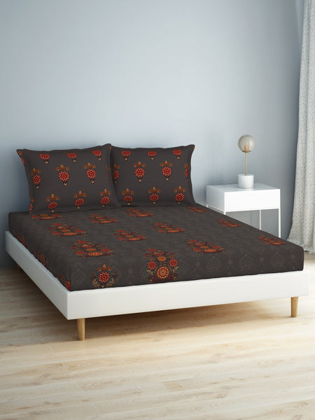 SPACES Aurum Grey Ethnic Motifs Pure Cotton 140 TC Queen Bedsheet with 2 Pillow Covers - Distacart