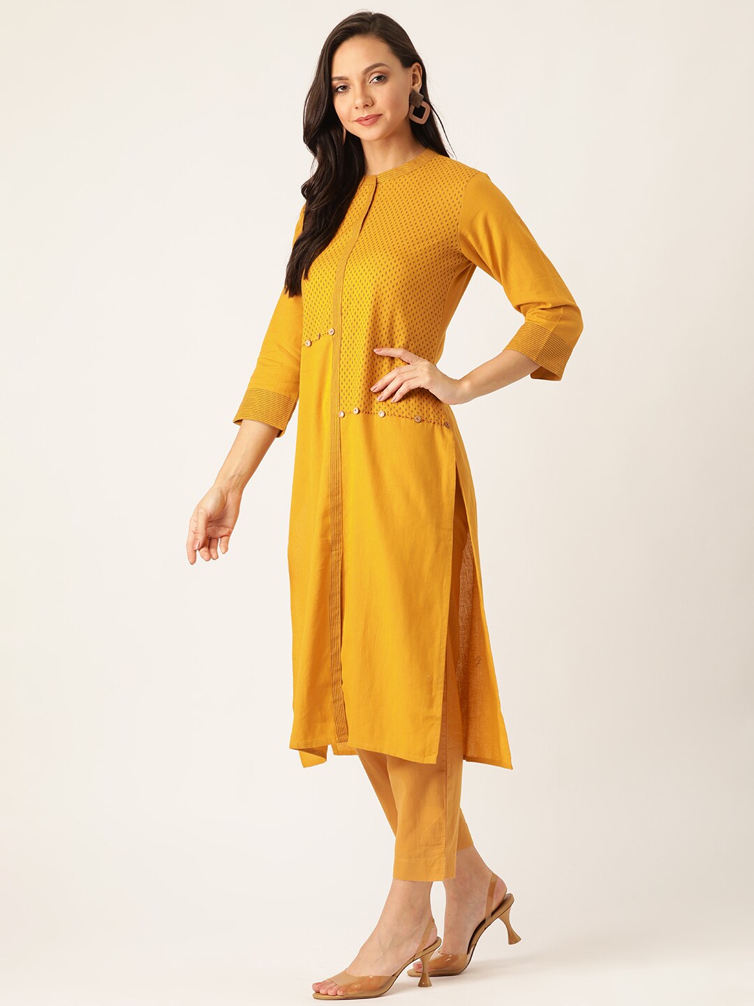 Sangria Women Mustard Yellow & Black Printed Kurta with Trousers - Distacart