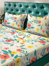 Thumbnail for KLOTTHE White & Grey Floral Print 300 TC Fitted Double King Bedsheet With 2 Pillow Covers - Distacart