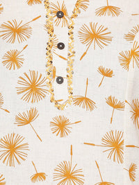 Thumbnail for HERE&NOW Off White & Mustard Yellow Floral Printed Thread Work Sequinned Cotton Kurta - Distacart