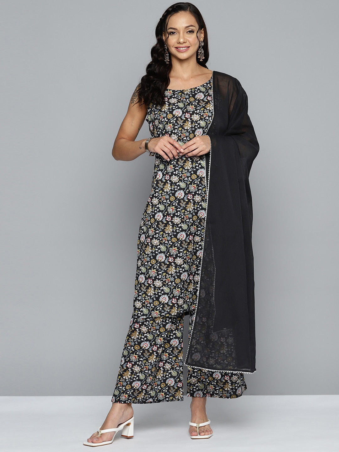 HERE&NOW Women Floral Printed Regular Pure Cotton Kurta with Palazzos & Dupatta - Distacart