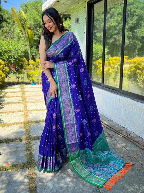 Mitera Blue & Green Woven Design Zari Patola Saree - Distacart