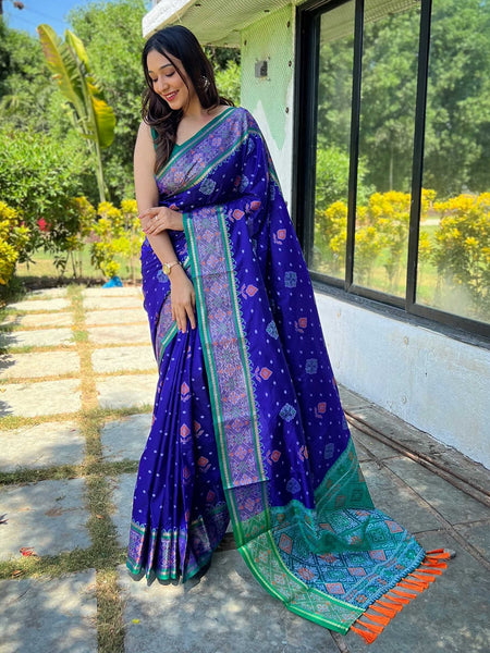 Mitera Blue & Green Woven Design Zari Patola Saree - Distacart