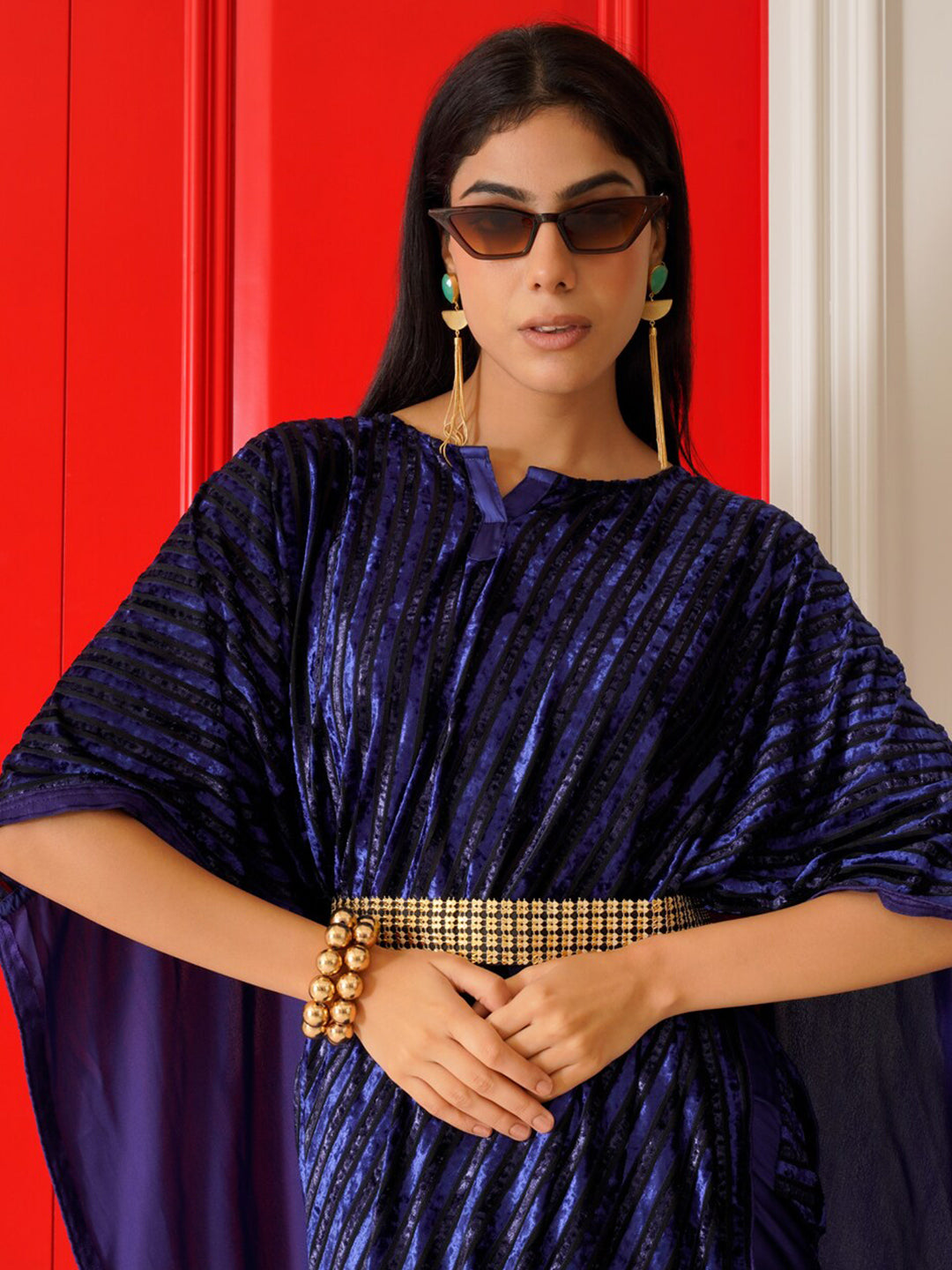 Tikhi Imli Striped Velvet Kaftan Saree - Distacart