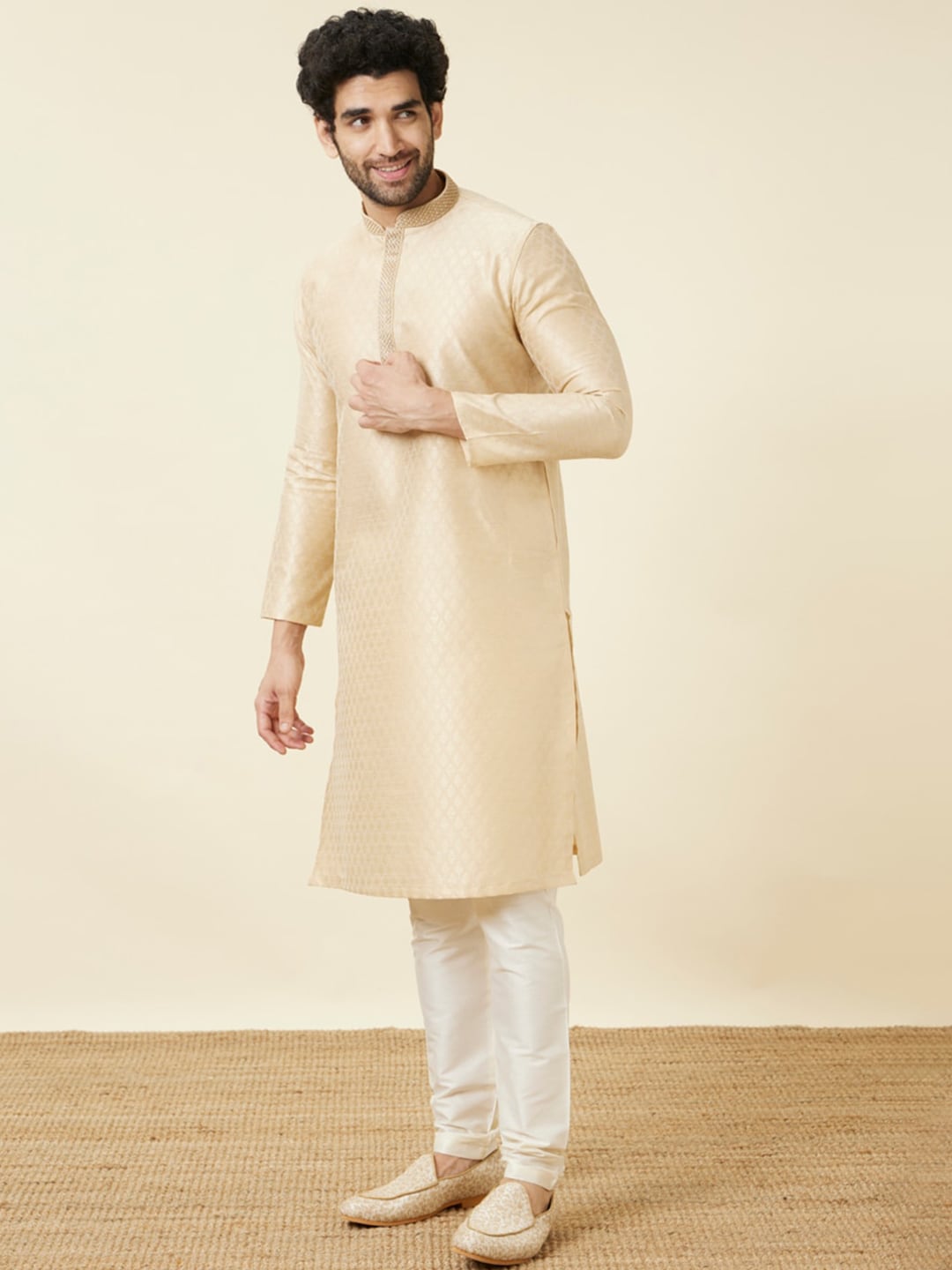 Manyavar Men Beige Regular Kurta with Pyjamas - Distacart