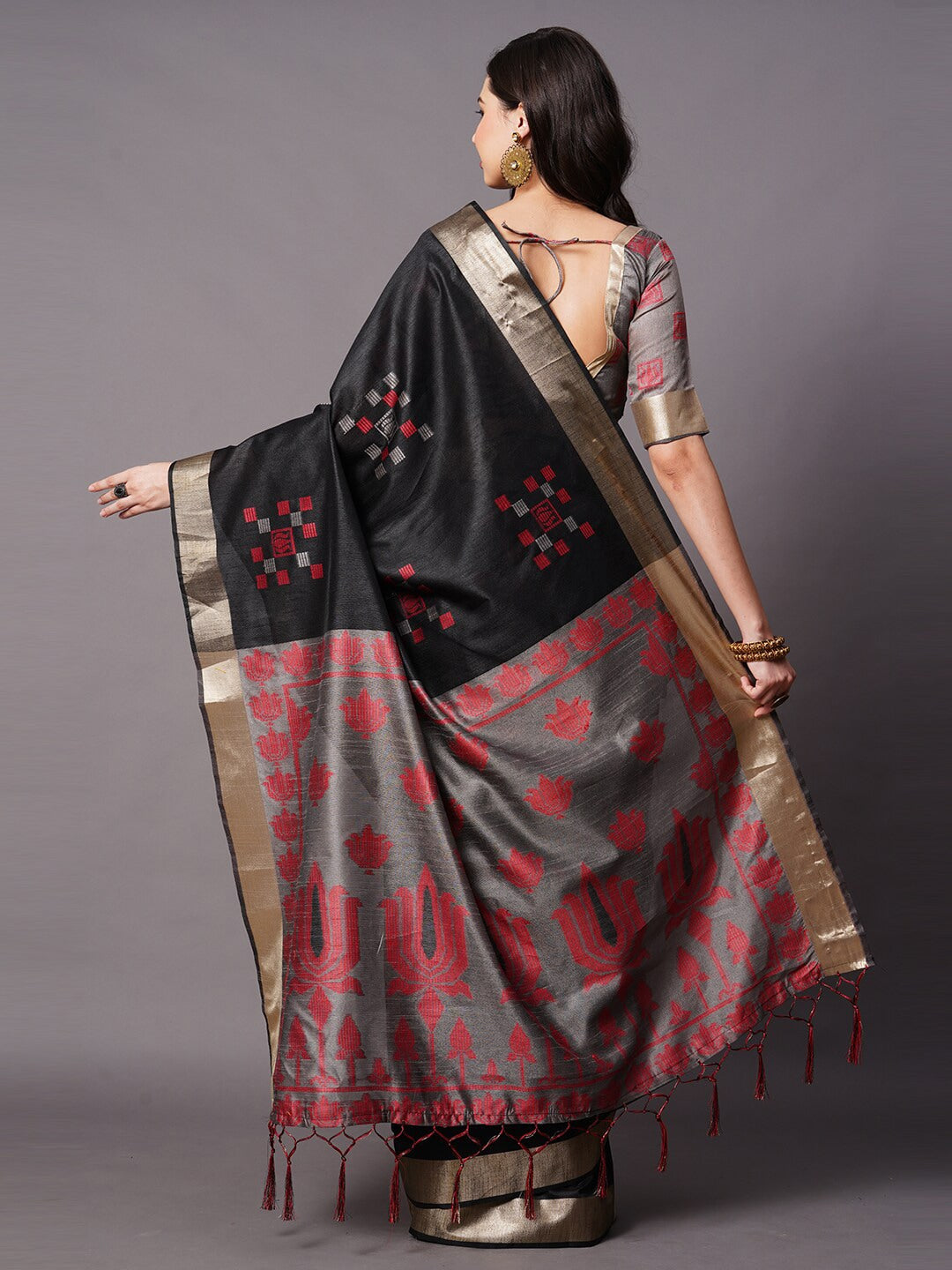 Mitera Black & Red Ethnic Motifs Silk Cotton Banarasi Saree - Distacart