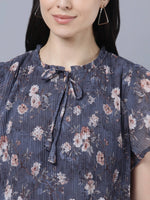 Thumbnail for Myshka Women Charcoal Grey Peach-Coloured Floral Print Tie-Up Neck Georgette Top - Distacart