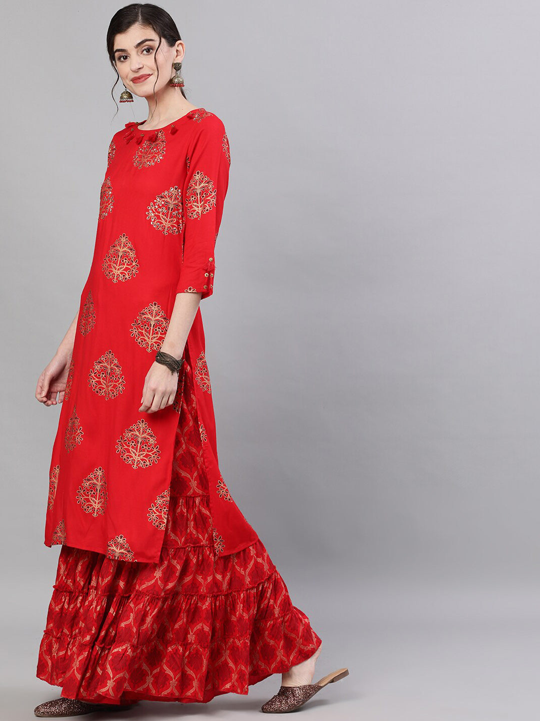 Ishin Women Red Printed A-Line Kurta with Skirt - Distacart