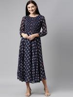 Thumbnail for Souchii Blue & Red Ethnic Motifs Printed Chiffon Fit & Flare Midi Dress - Distacart