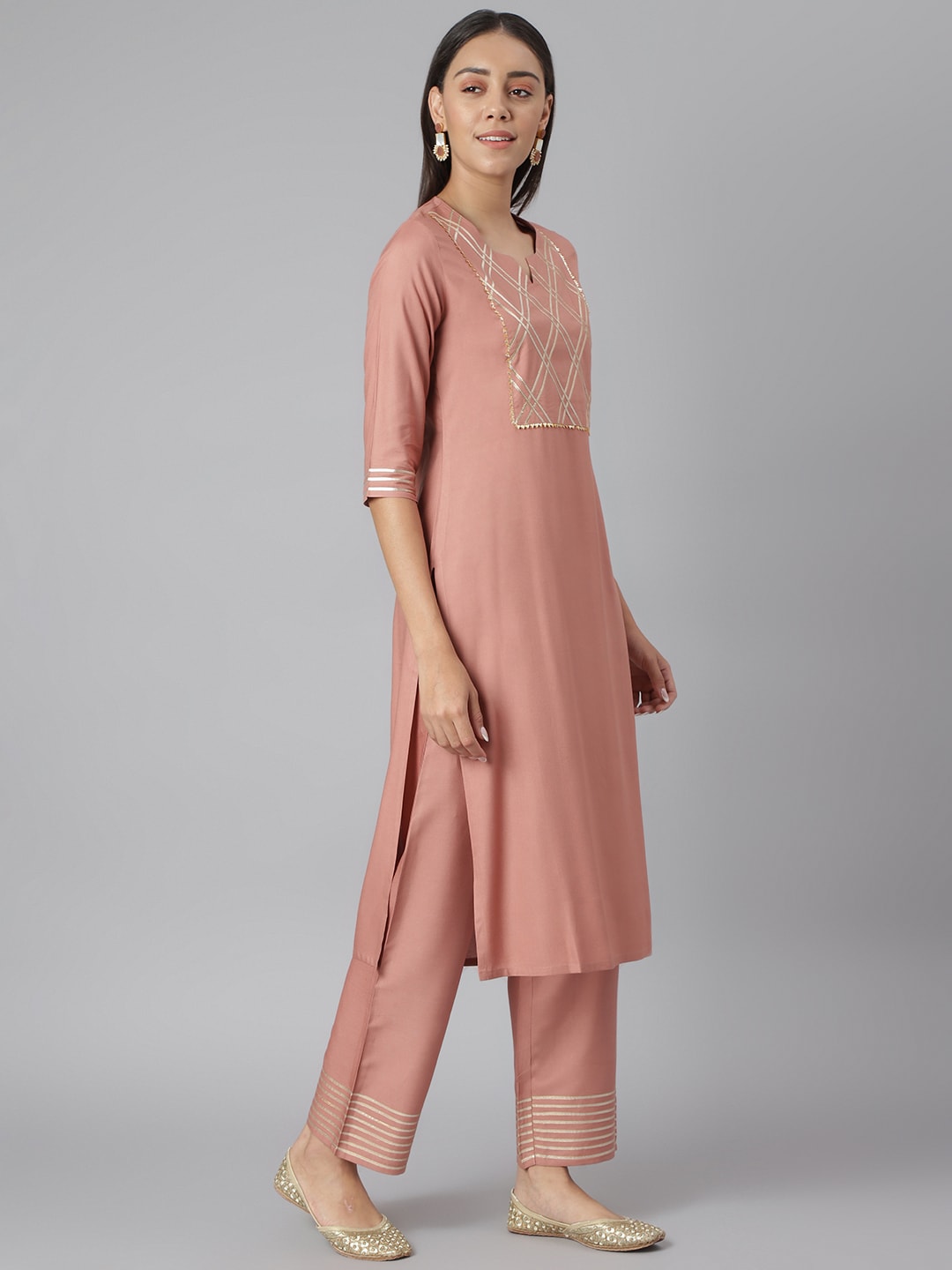 Khushal K Women Peach-Coloured Slim Fit Yoke Design Kurta with Palazzos - Distacart
