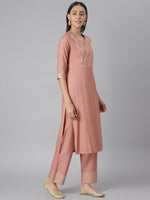 Thumbnail for Khushal K Women Peach-Coloured Slim Fit Yoke Design Kurta with Palazzos - Distacart