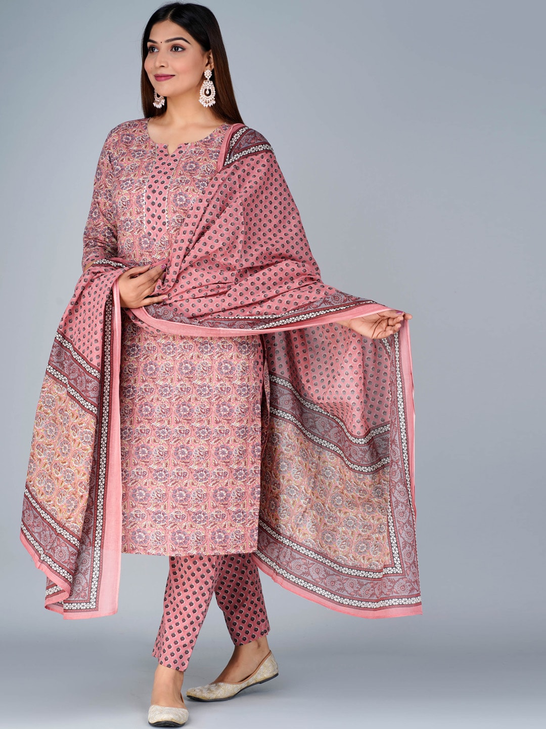 Kalini Floral Printed Pure Cotton Straight Kurta with Trousers & Dupatta - Distacart