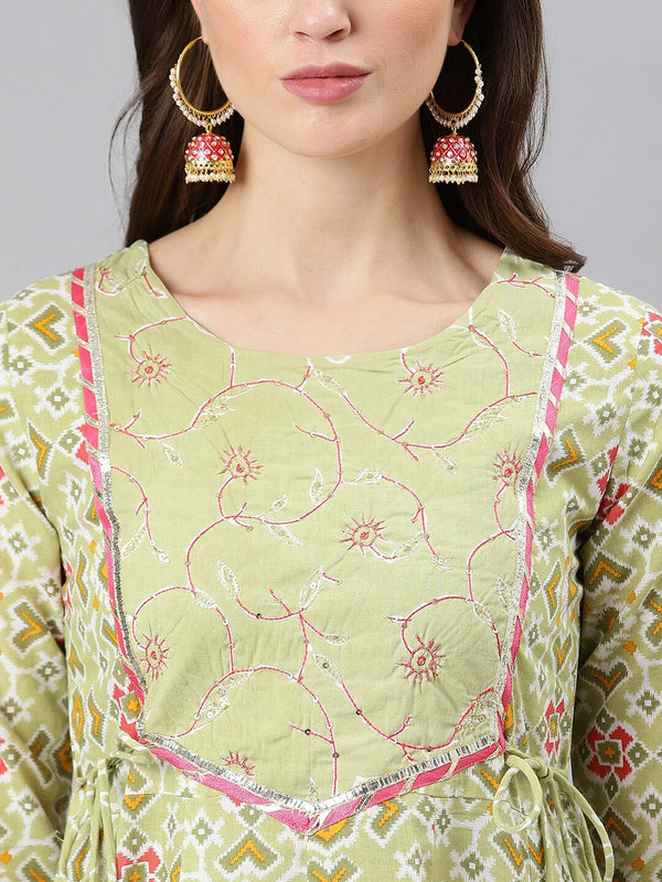 Khushal K Women Green & Pink Printed Pure Cotton Kurta with Palazzos & Dupatta - Distacart