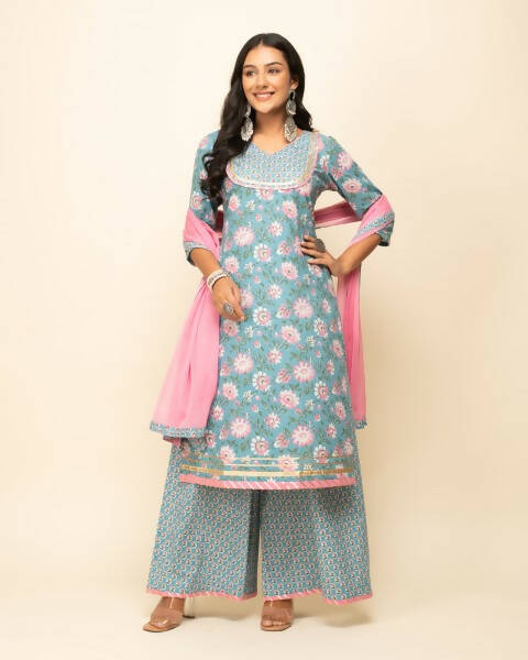 FIORRA Women's Sky Blue Cotton Straight Kurta Palazzo Set With Dupatta - Distacart