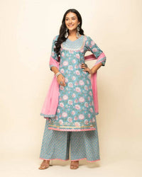 Thumbnail for FIORRA Women's Sky Blue Cotton Straight Kurta Palazzo Set With Dupatta - Distacart