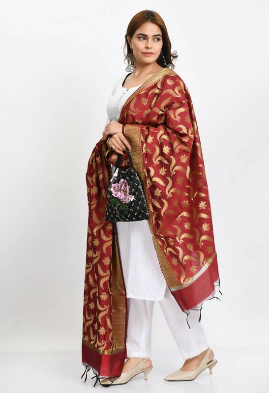 Mominos Fashion Moeza Women's Banarsi Silk Floral Woven Design Maroon Dupatta - Distacart