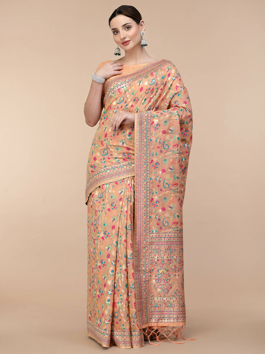 Peach Silk Blend Woven Design Saree With Unstitched Blouse Piece - Aloki - Distacart